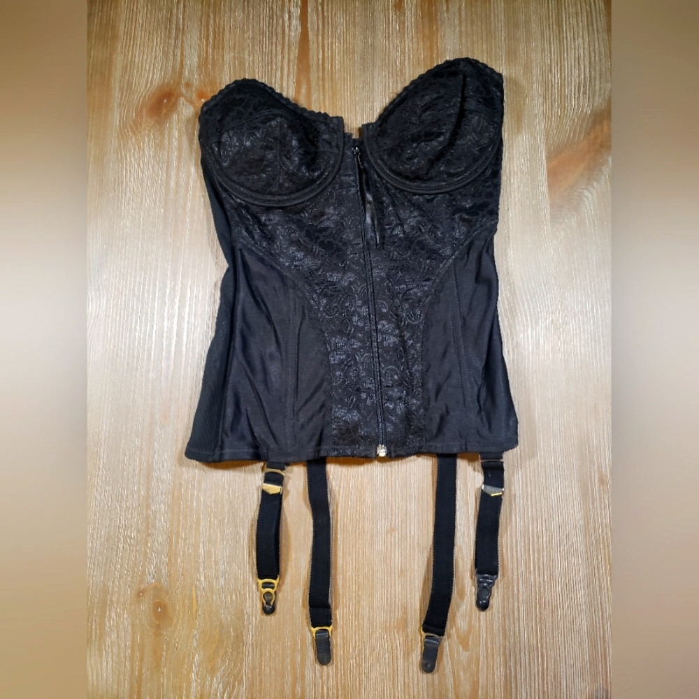 Vintage Frederick's of Hollywood 34D Black Lace Corset with Removable Garters